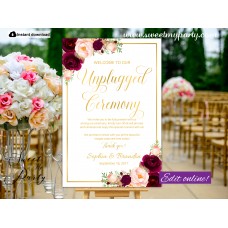 Burgundy Unplgged Ceremony sign,Gold Unplugged Wedding sign,(61cw)
